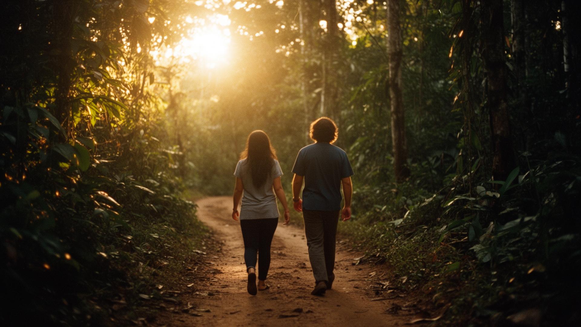 Duas pessoas caminhando em trilha ao entardecer