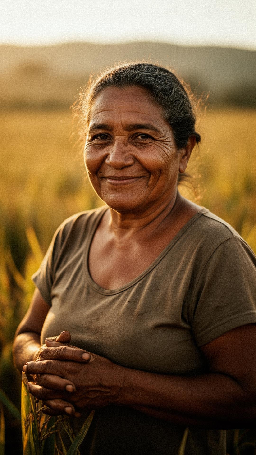 Retrato de produtora local sorrindo ao entardecer